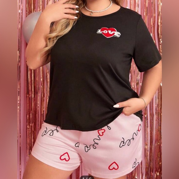 Plus Size Women'S Short Sleeve Pajama Set With Heart Pattern 2xl - Picture 1 of 1